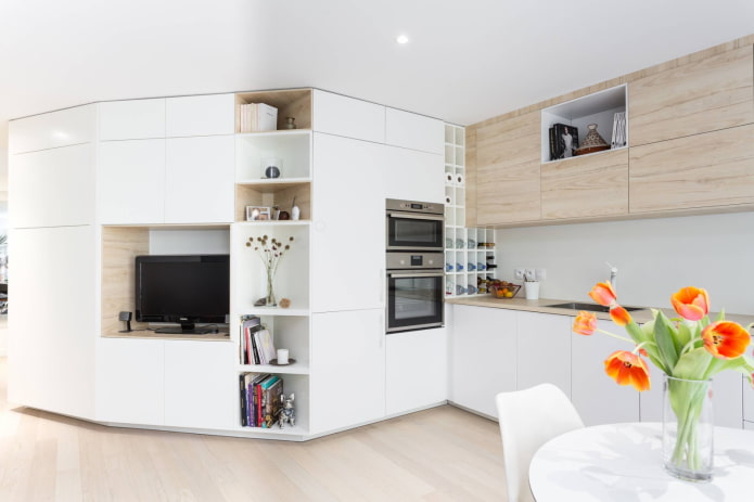 Irregularly shaped kitchen-living room