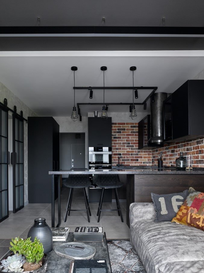loft-style studio with a bar counter