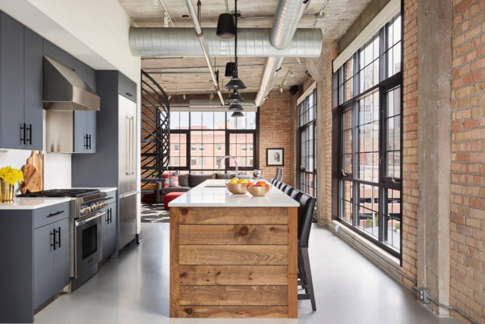 kitchen with living room in loft style