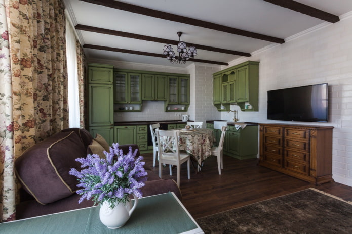 decor and textiles in the interior of the kitchen-living room in the Provence style