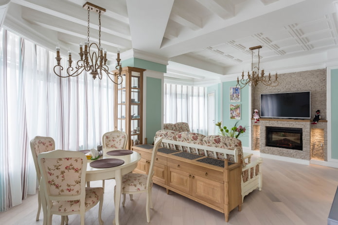 zoning of the kitchen-living room in the Provence style