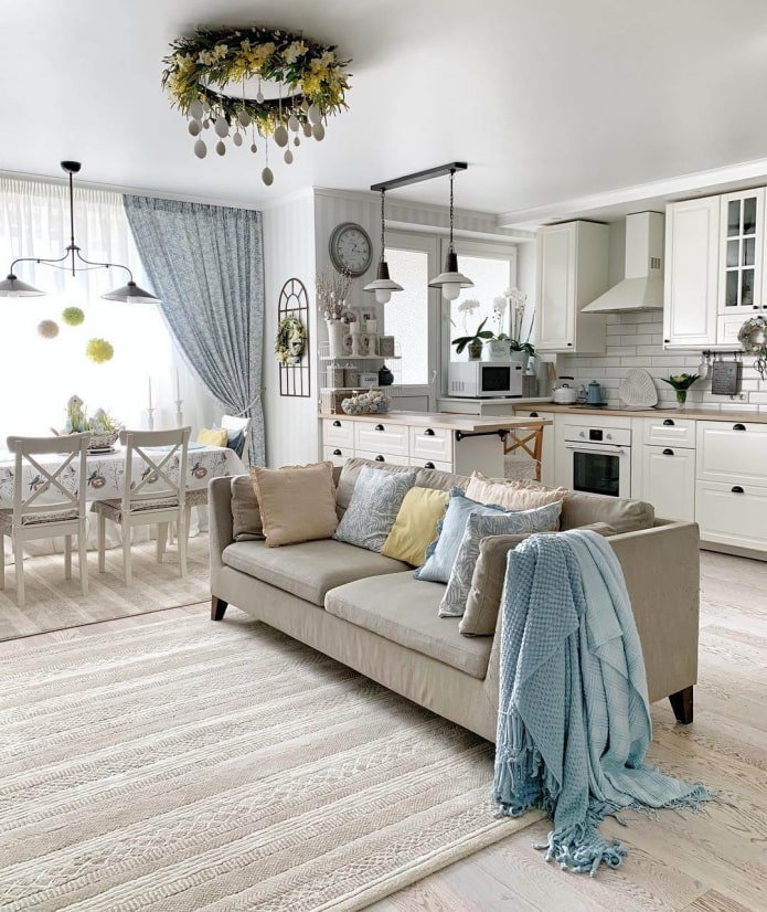 kitchen-living room interior design in Provence style