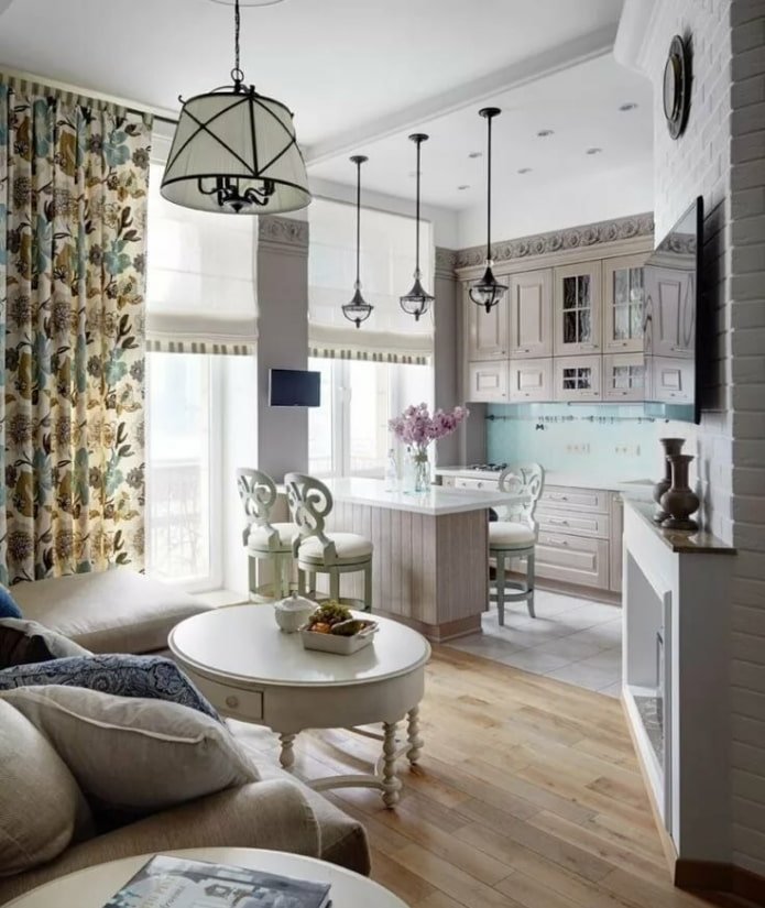 kitchen-living room interior design in Provence style