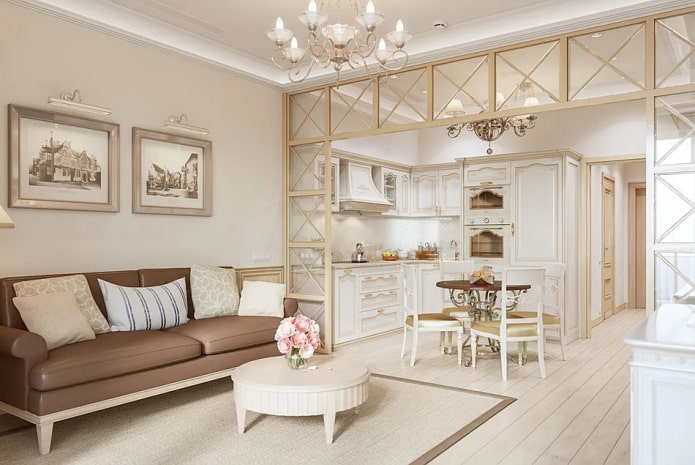 zoning of the kitchen-living room in the Provence style