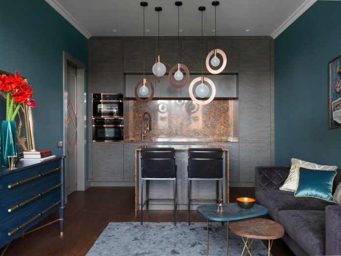 kitchen-living room interior in dark tones