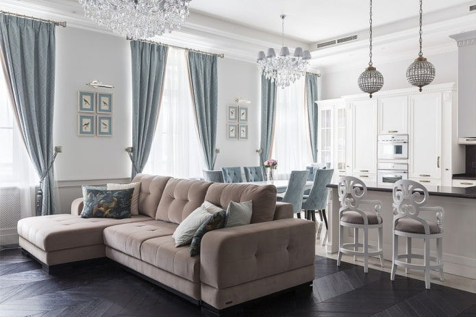 kitchen-living room interior in light colors