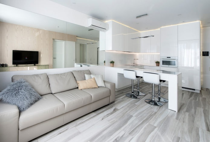 kitchen-living room interior in light colors