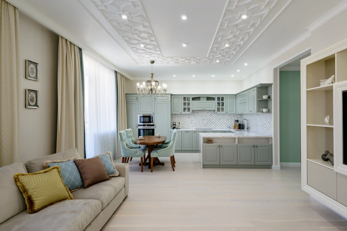kitchen-living room interior in light tones