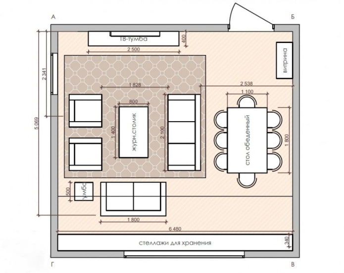 square kitchen-living room plan