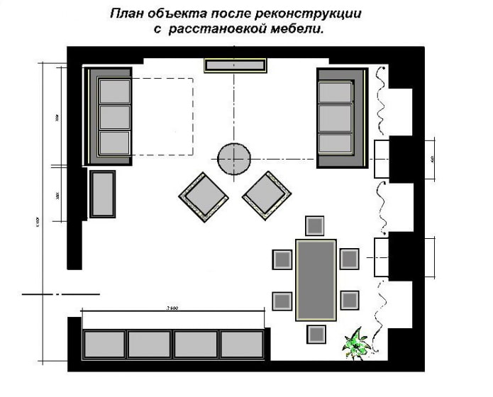 square kitchen-living room plan