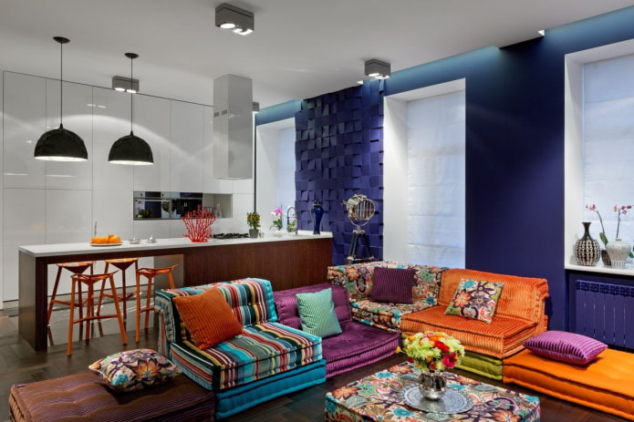 kitchen-living room interior in bright colors