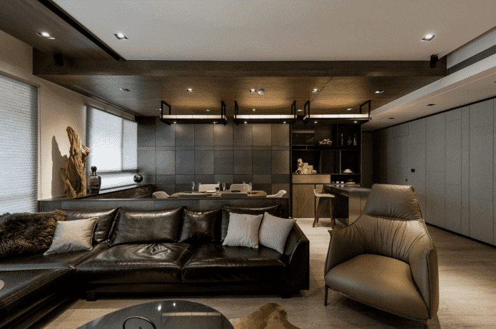 kitchen-living room interior in dark tones