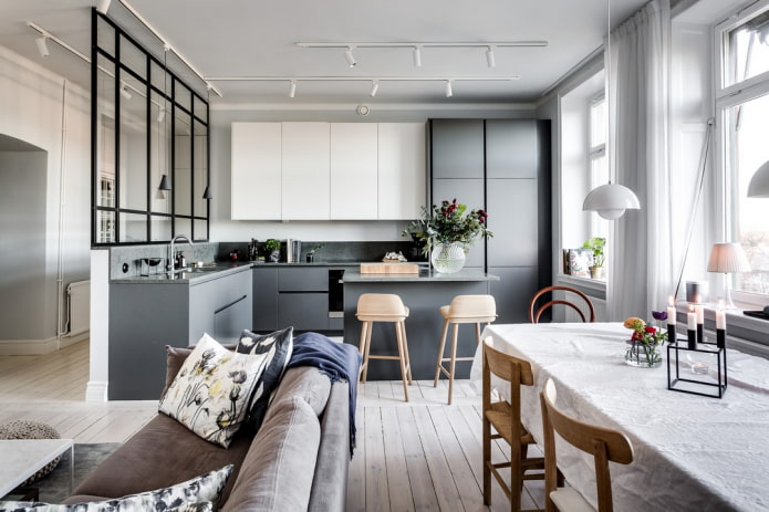 interior of the kitchen-living room in Scandinavian style