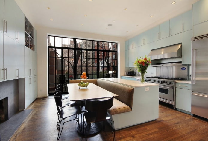 sofa in the kitchen interior with an island