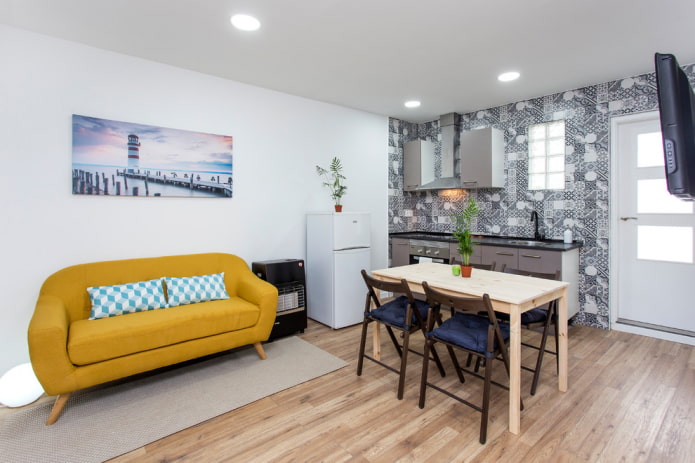 straight sofa in the kitchen interior
