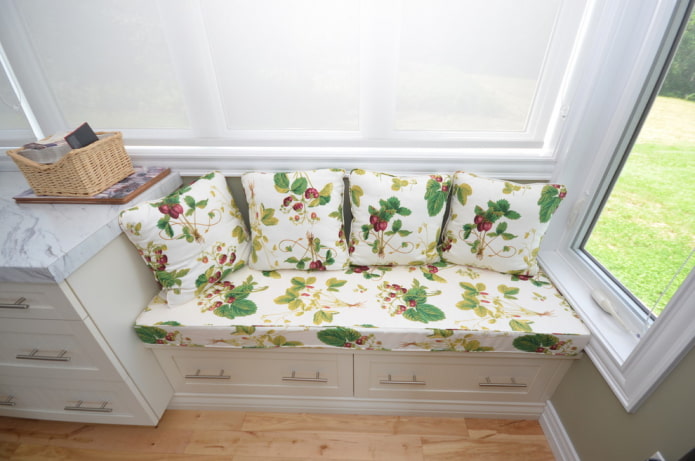 sofa with storage drawers in the kitchen interior
