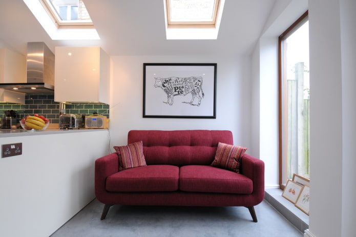 sofa with fabric upholstery in the kitchen