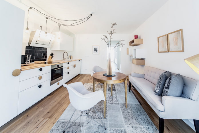 sofa in the kitchen interior in the Scandinavian style