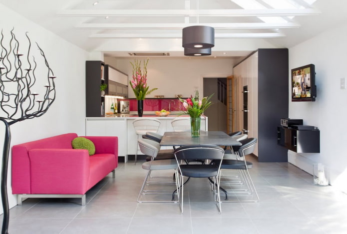 pink sofa in the kitchen interior