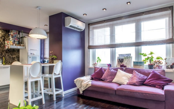 lilac sofa in the kitchen interior