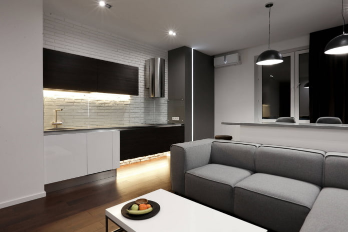 sofa in the kitchen interior in the minimalist style