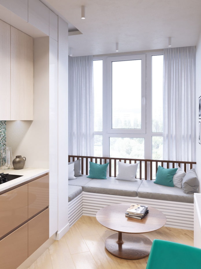 sofa in the kitchen combined with a balcony