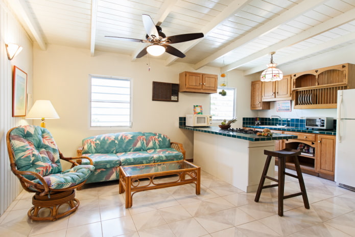 wicker sofa in the kitchen interior