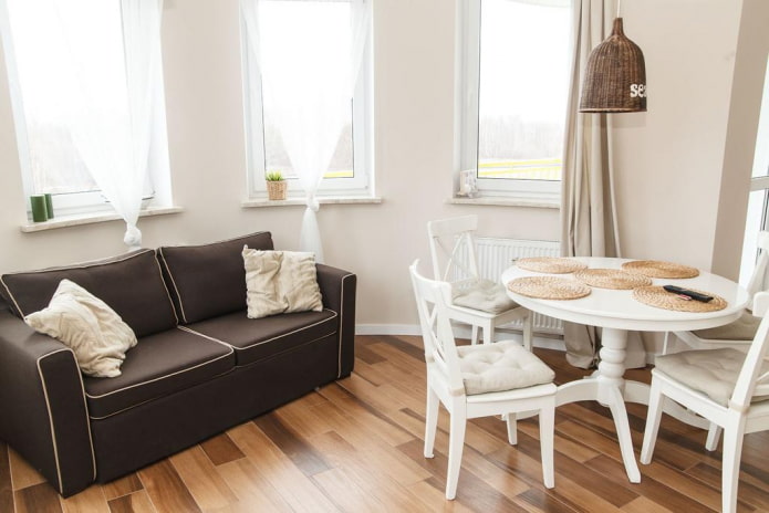 brown sofa in the kitchen interior