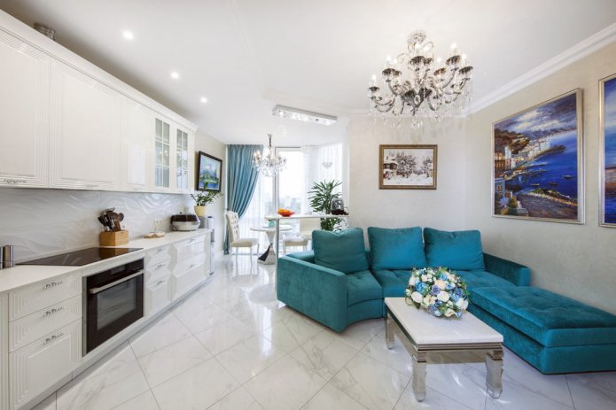 turquoise sofa in the kitchen interior