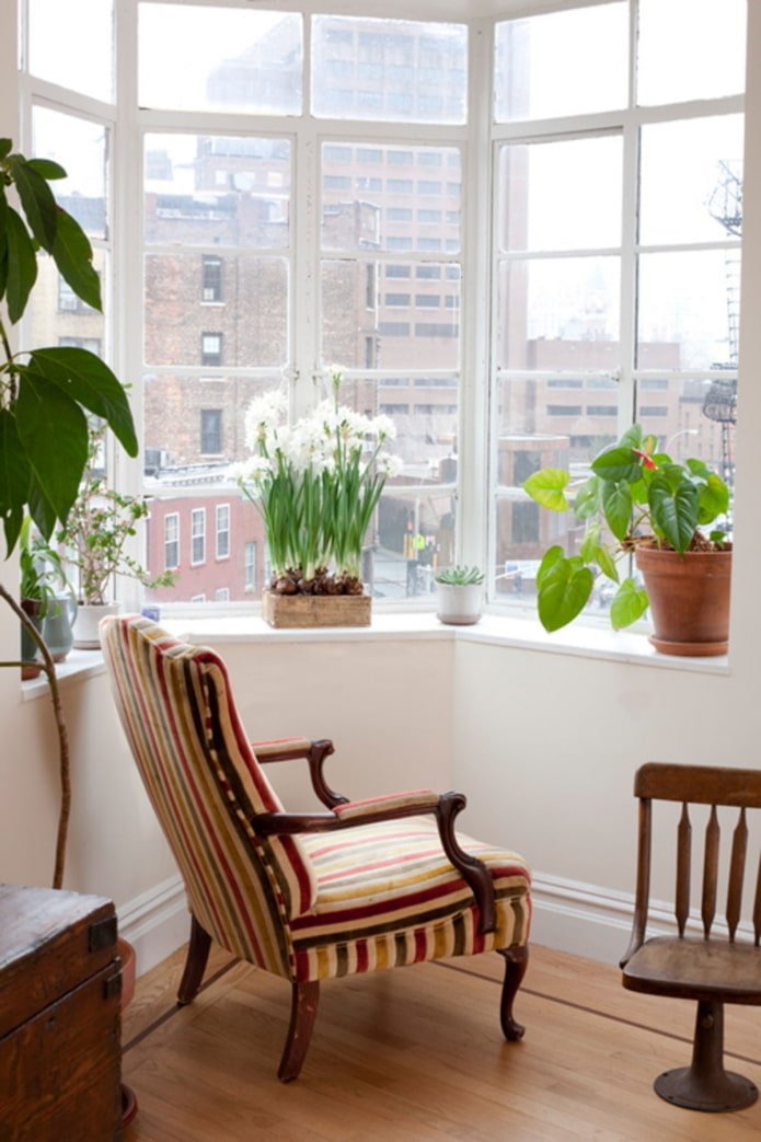A lounge chair in the bay window