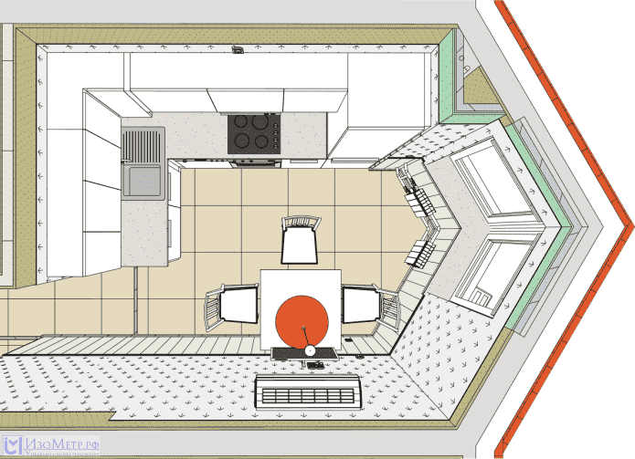 kitchen layout with triangular bay window