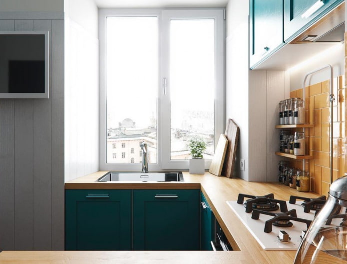 sink in a U-shaped kitchen set