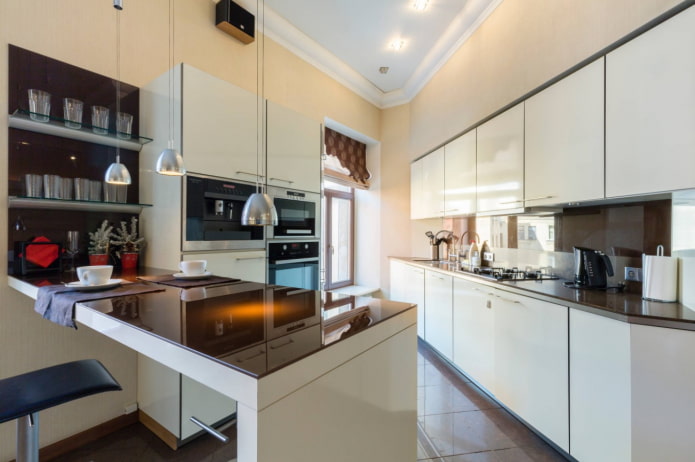 irregularly shaped kitchen with a window