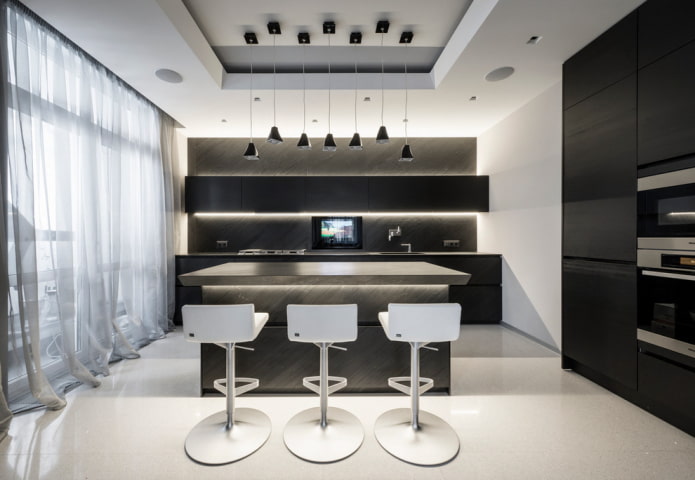 island in the kitchen interior in high-tech style