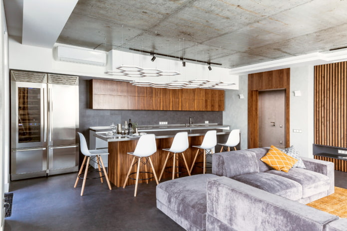 island in the interior of the kitchen-living room