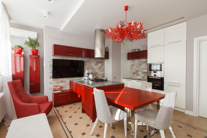 island with a dining table in the kitchen interior
