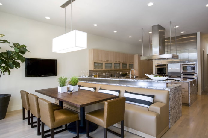 island with a sofa in the kitchen interior