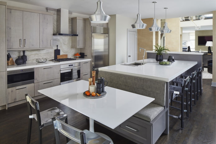 island with a sofa in the kitchen interior