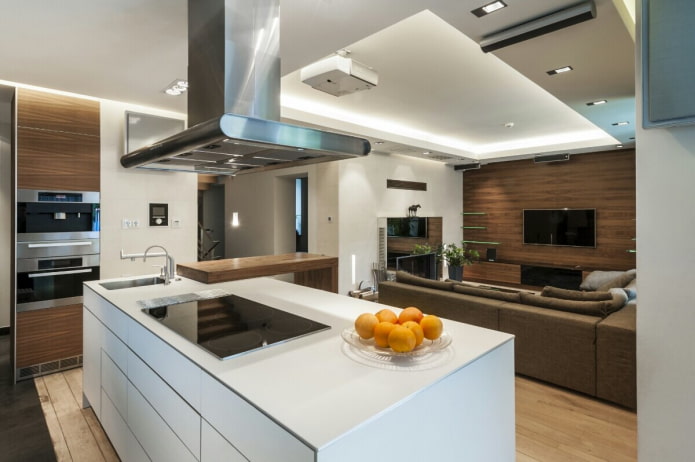 island in the interior of the kitchen-living room