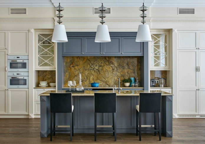 island in the interior of the kitchen in the neoclassical style