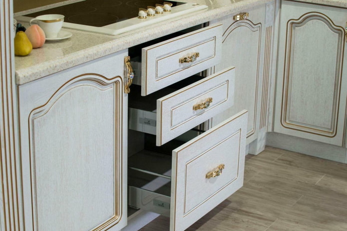 white kitchen with gold patina