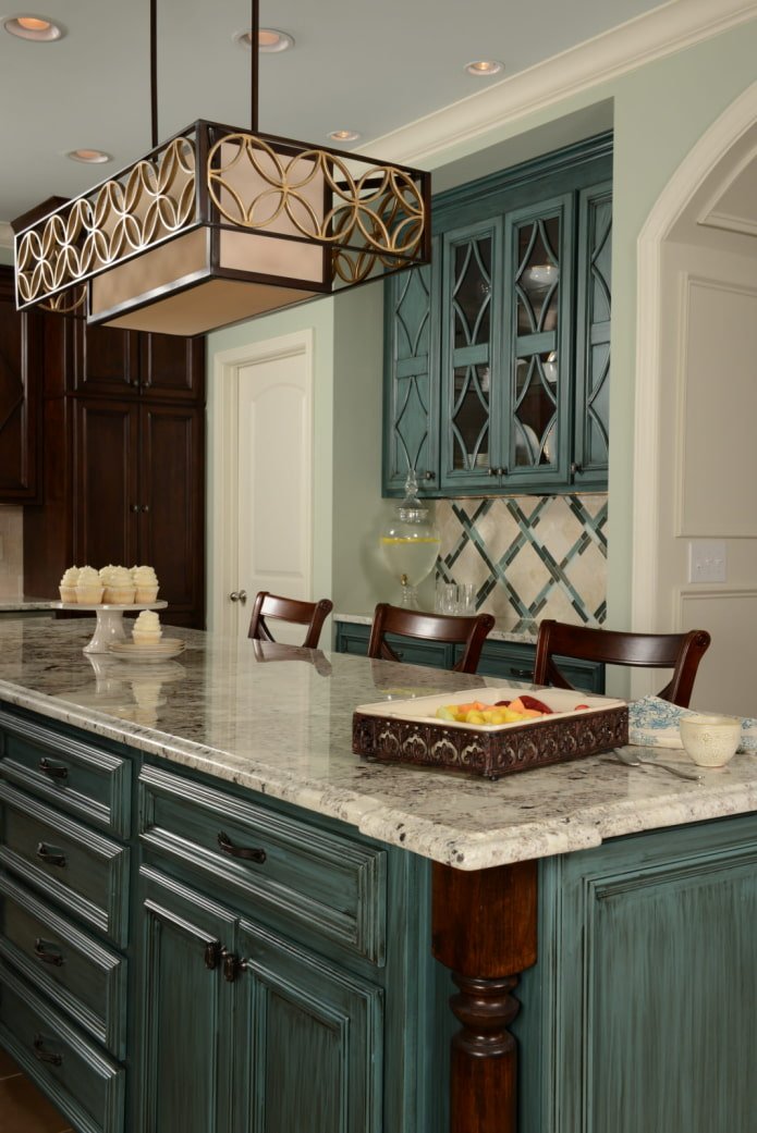 green kitchen with island