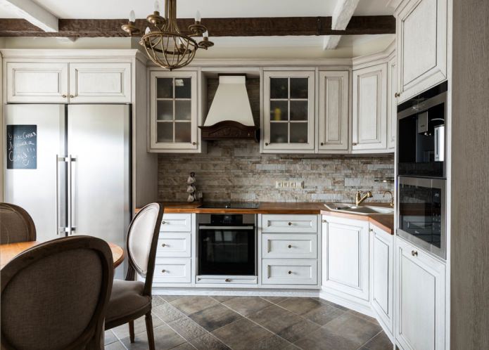 classic white kitchen with a wooden work surface