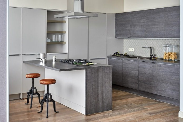 Light gray kitchen with a dark countertop