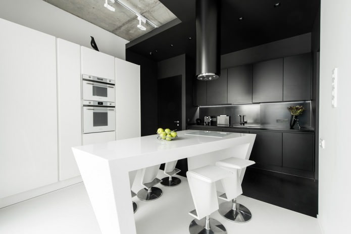 Black countertop and set with a white dining group