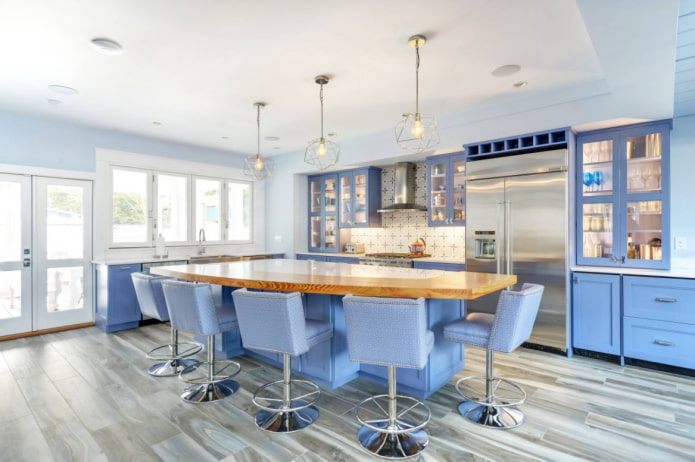 blue kitchen with glass