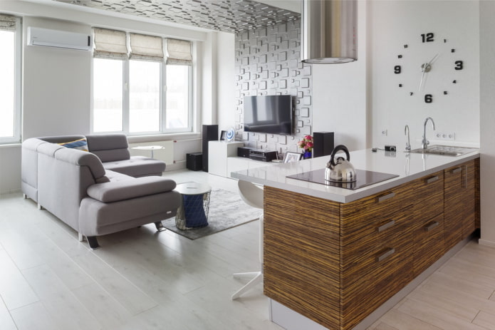 interior of a kitchen studio with an island