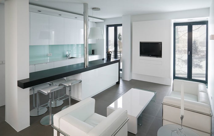 Interior design of a kitchen-studio in a minimalist style