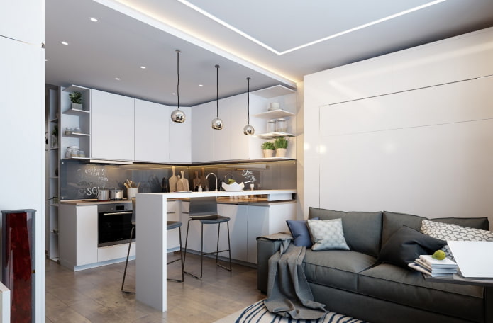 interior of a kitchen-studio with a two-level ceiling