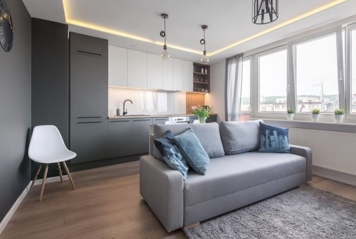 kitchen-studio interior with a partition in the form of a sofa